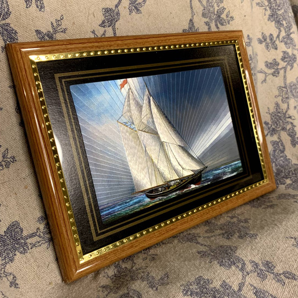 Vintage Framed Foil Art Print of Ship - Picture 1 of 10